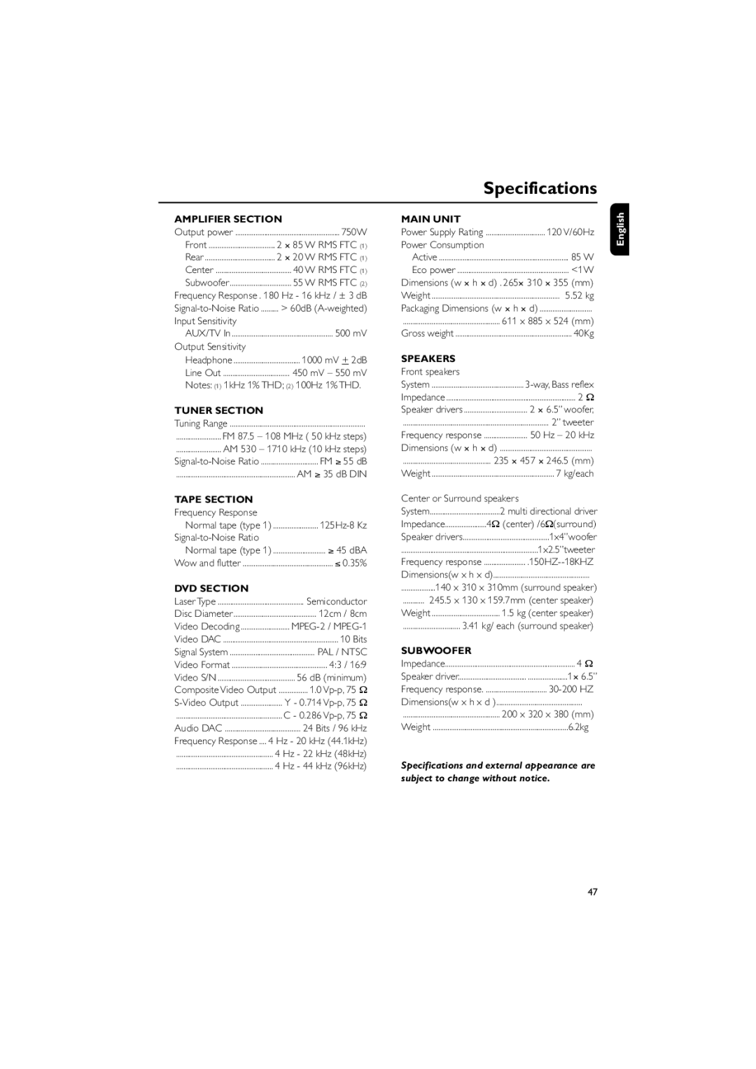 Philips FWD798/37B owner manual Specifications 