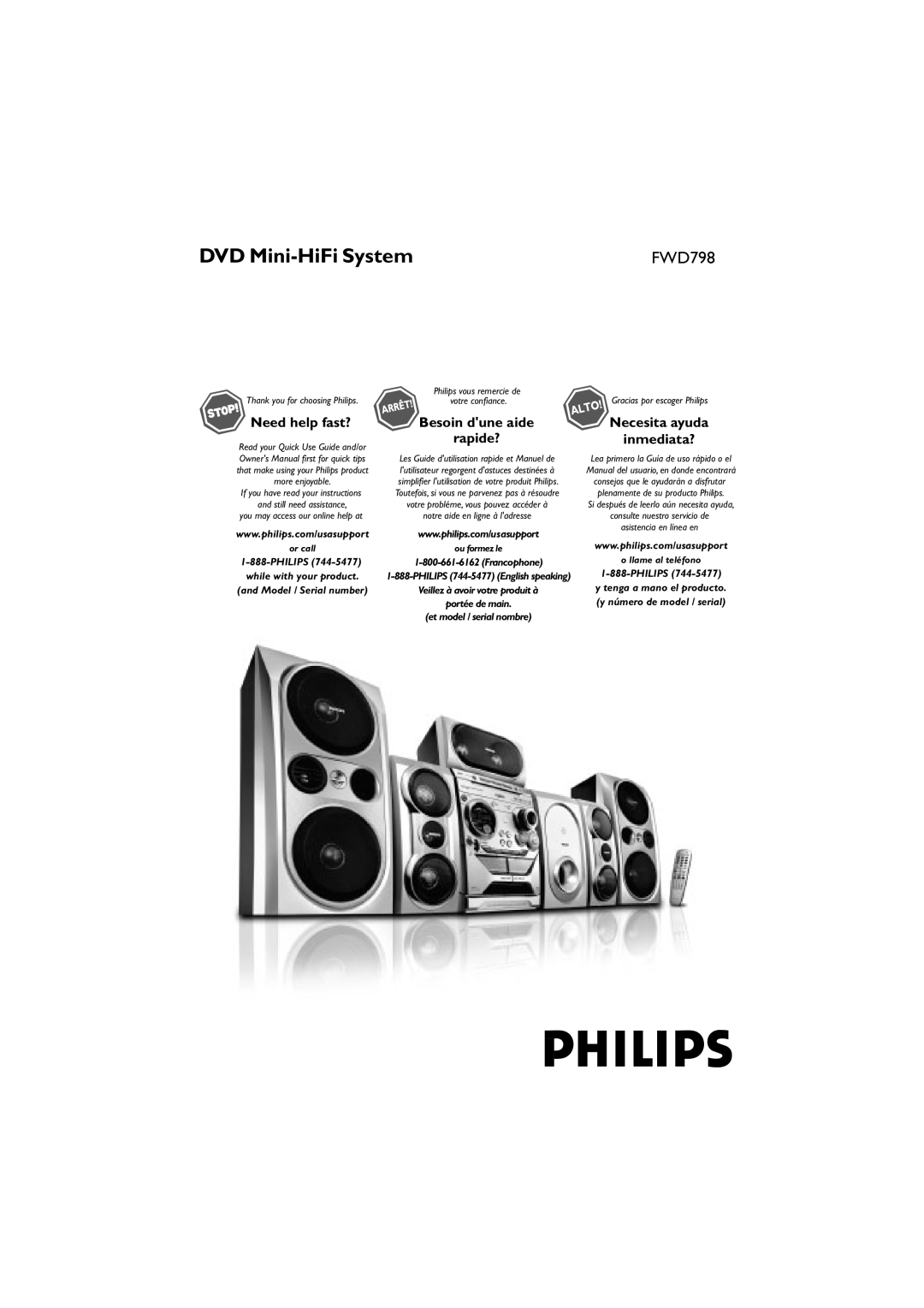 Philips FWD798/37B owner manual DVD Mini-HiFiSystem, Need help fast?, Besoin dune aide, rapide?, or call, Philips 