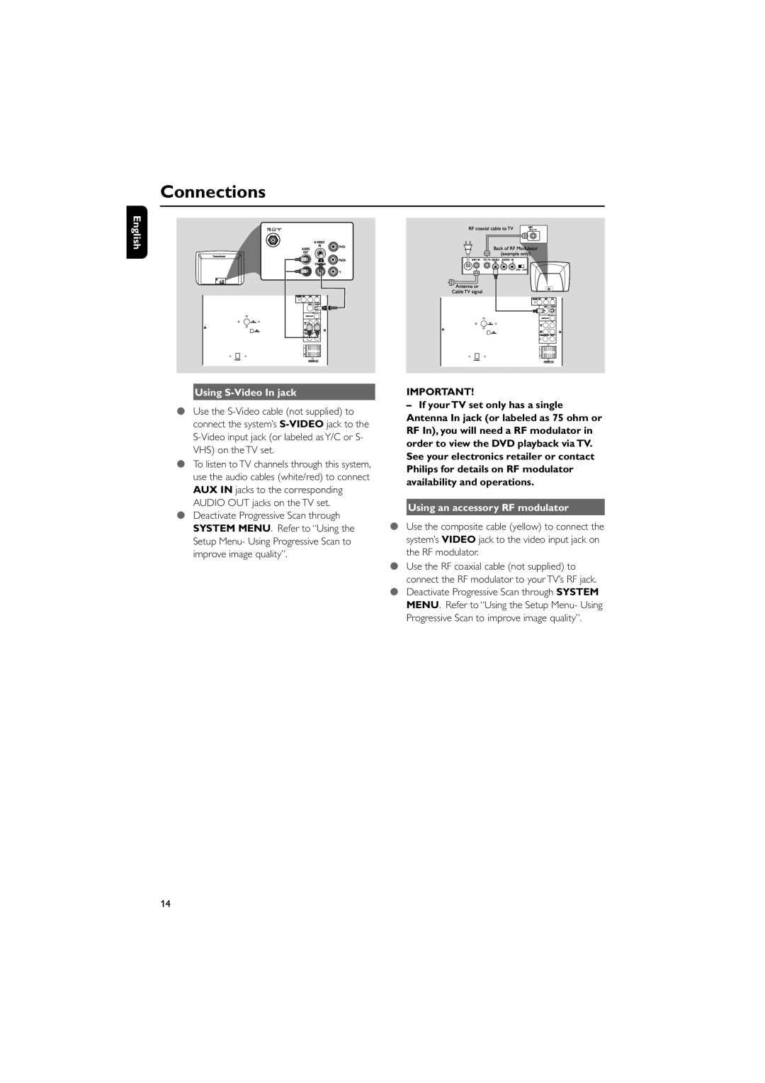 Philips FWD798/37B owner manual Connections, English, Using S-VideoIn jack, Using an accessory RF modulator 