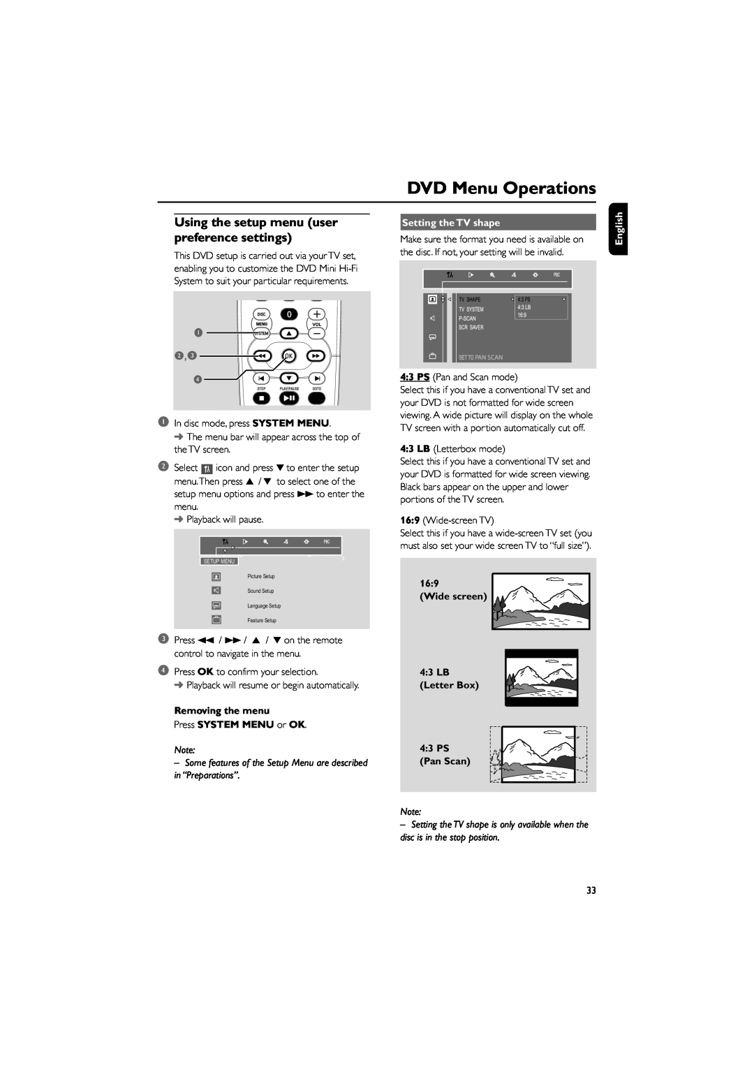 Philips FWD798/37B DVD Menu Operations, 2,3, Removing the menu Press SYSTEM MENU or OK, Setting the TV shape, English 