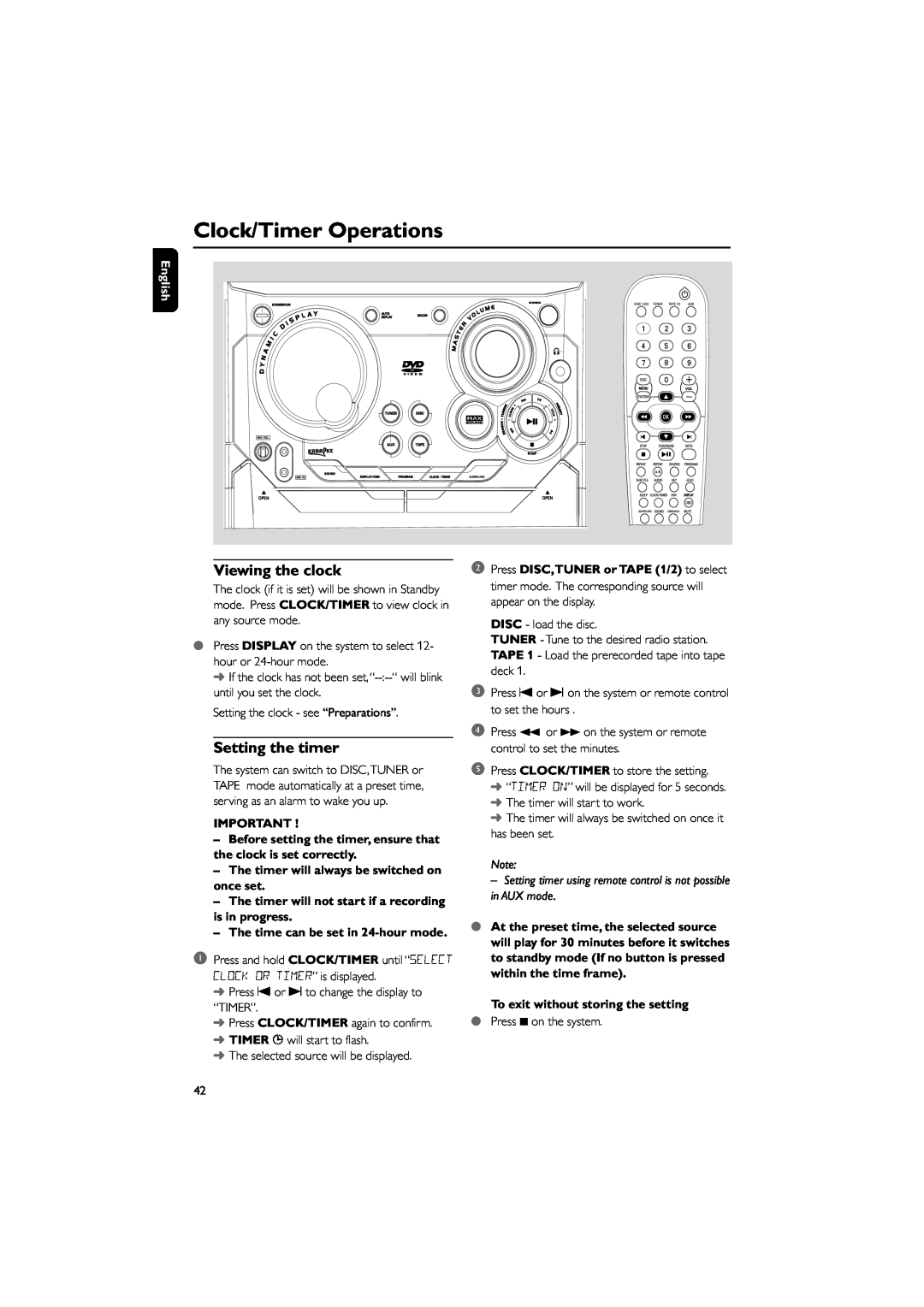Philips FWD798/37B owner manual Clock/Timer Operations, English, The timer will always be switched on once set 