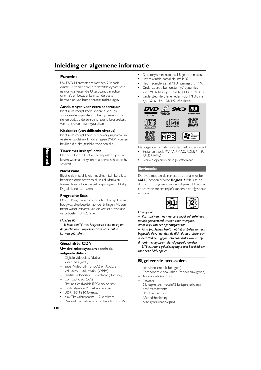 Philips FWD831 user manual Inleiding en algemene informatie, Functies, Geschikte CD’s, Bijgeleverde accessoires, Regiocodes 