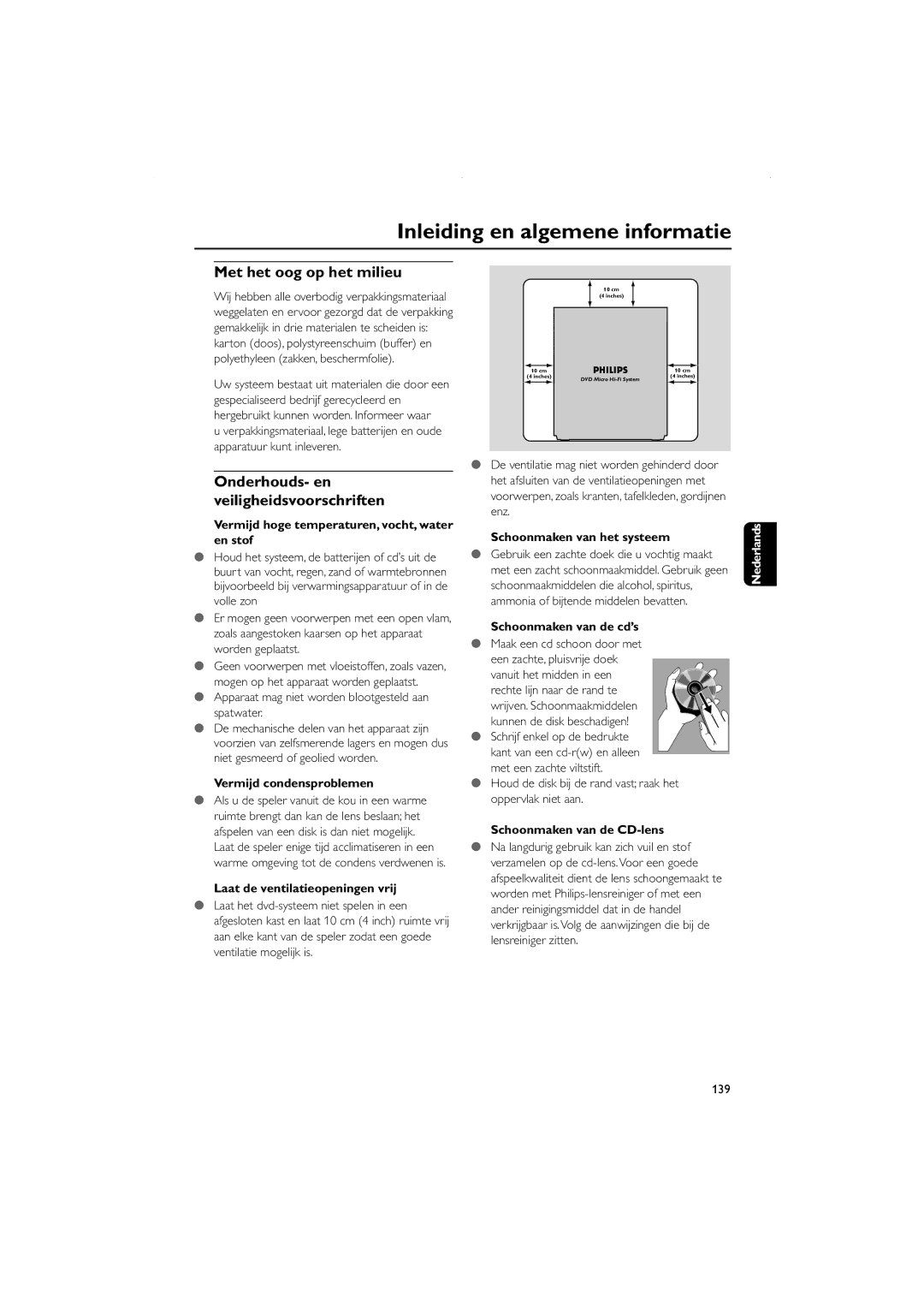 Philips FWD831 user manual Met het oog op het milieu, Onderhouds- en veiligheidsvoorschriften 