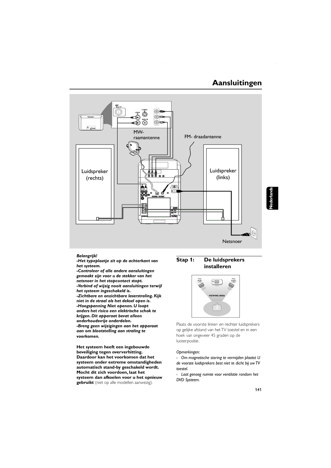 Philips FWD831 user manual Aansluitingen, Stap 1 De luidsprekers installeren, Luidspreker, ACNetsnoerpower cord, 141 