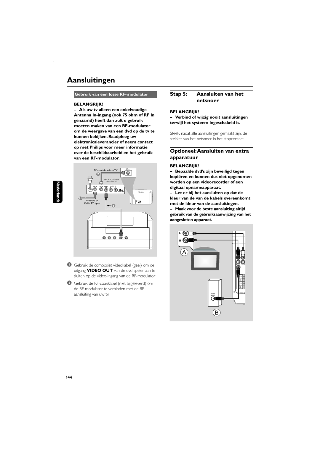 Philips FWD831 user manual Stap 5 Aansluiten van het netsnoer, OptioneelAansluiten van extra apparatuur, Belangrijk, 144 