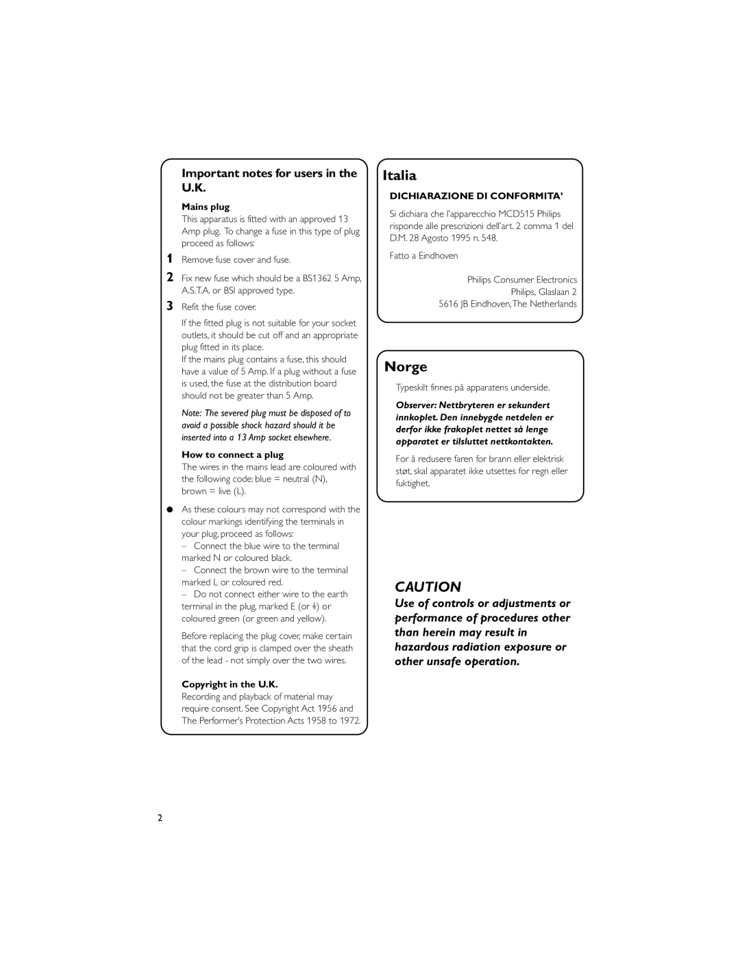 Philips FWD831 user manual Important notes for users in the U.K, Mains plug, How to connect a plug, Copyright in the U.K 