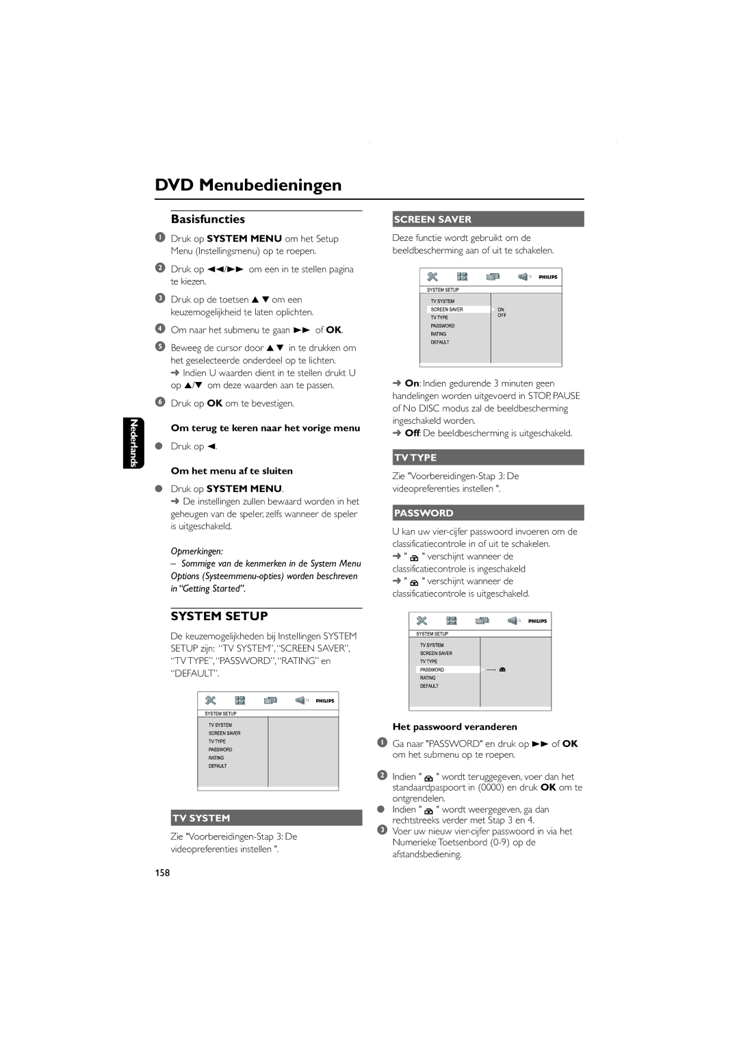 Philips FWD831 user manual DVD Menubedieningen, Screen Saver, TV Type, Password, TV System 