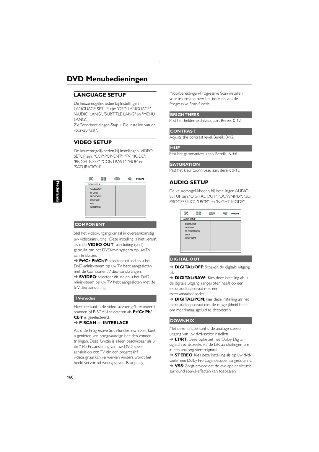 Philips FWD831 user manual Brightness, Contrast, Hue, Saturation, Component, Digital OUT, Downmix 