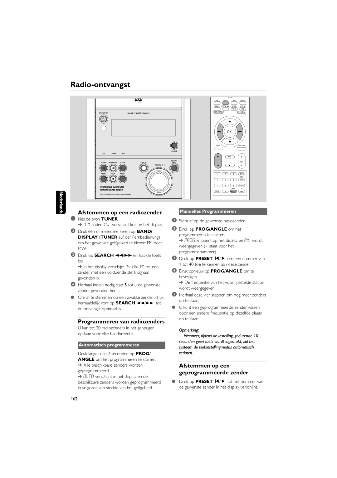 Philips FWD831 Radio-ontvangst, Afstemmen op een radiozender, Programmeren van radiozenders, Automatisch programmeren 