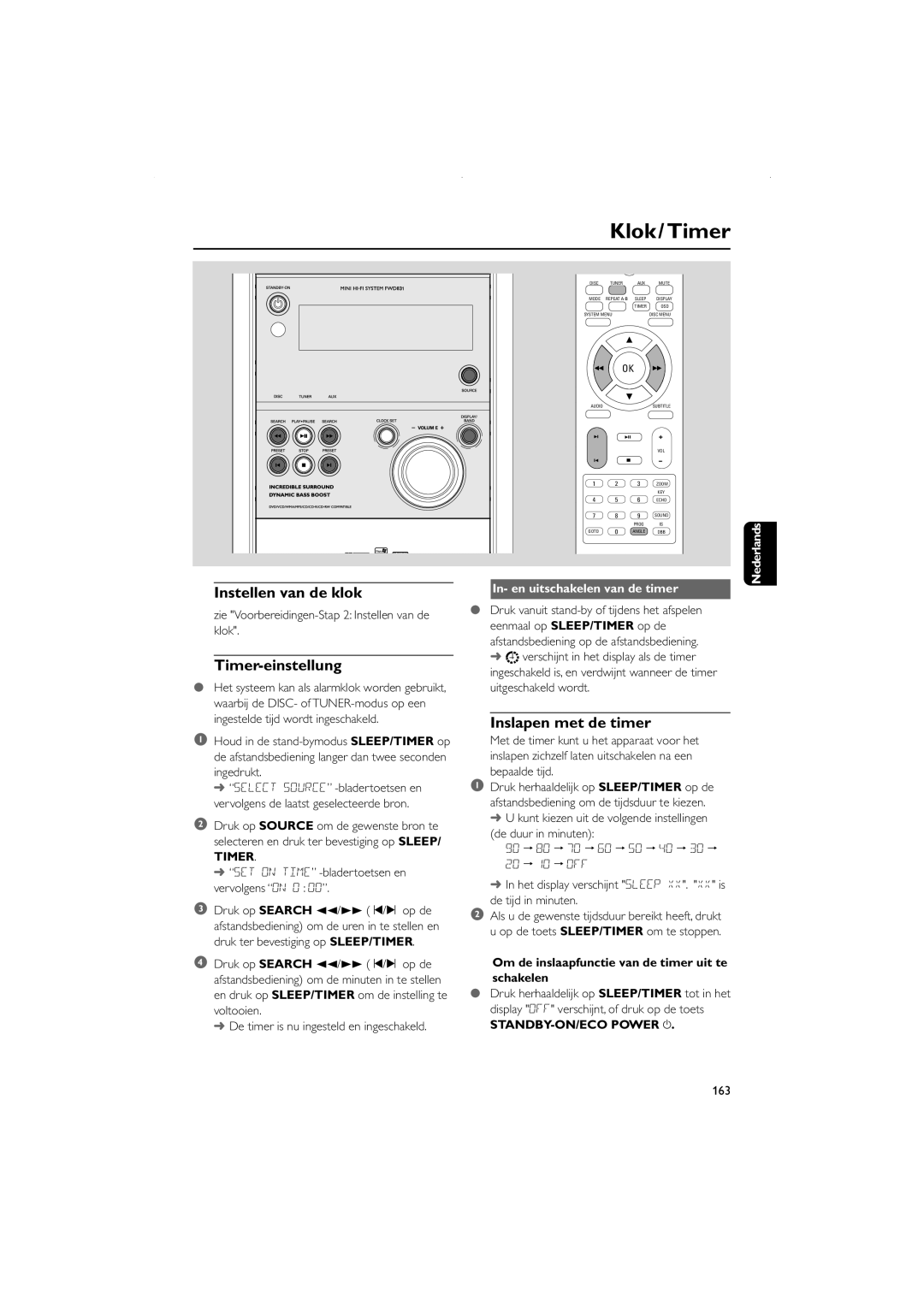 Philips FWD831 user manual Klok/ Timer, Instellen van de klok, Timer-einstellung, Inslapen met de timer 