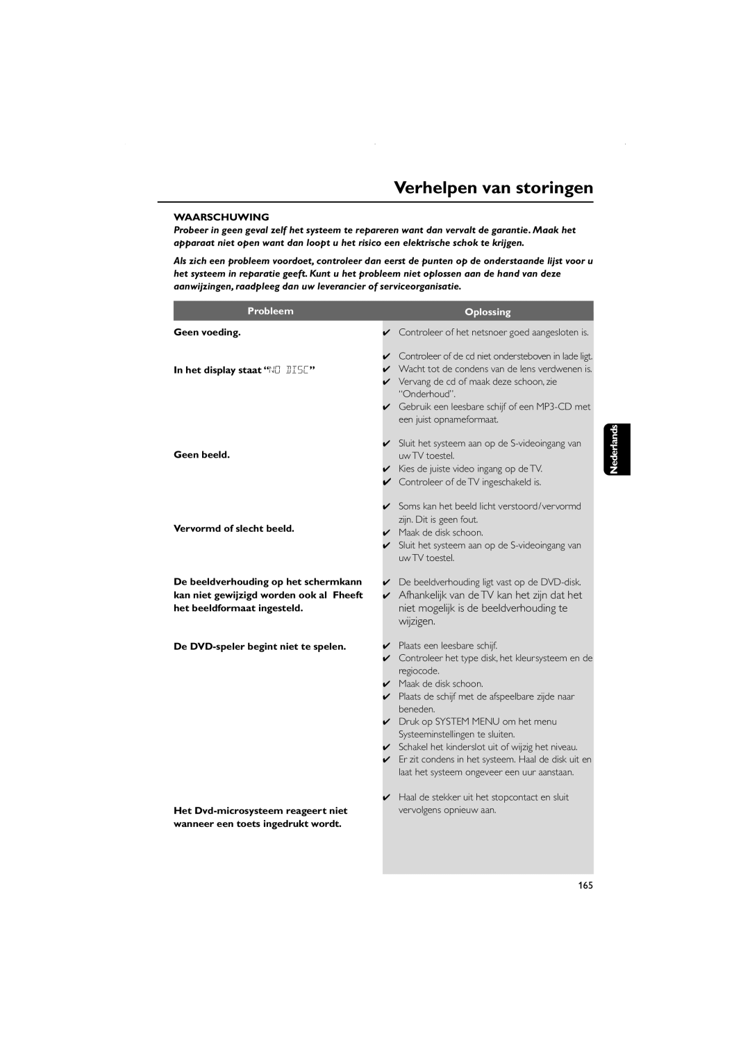 Philips FWD831 user manual Verhelpen van storingen, Waarschuwing, Probleem, De DVD-speler begint niet te spelen, Oplossing 