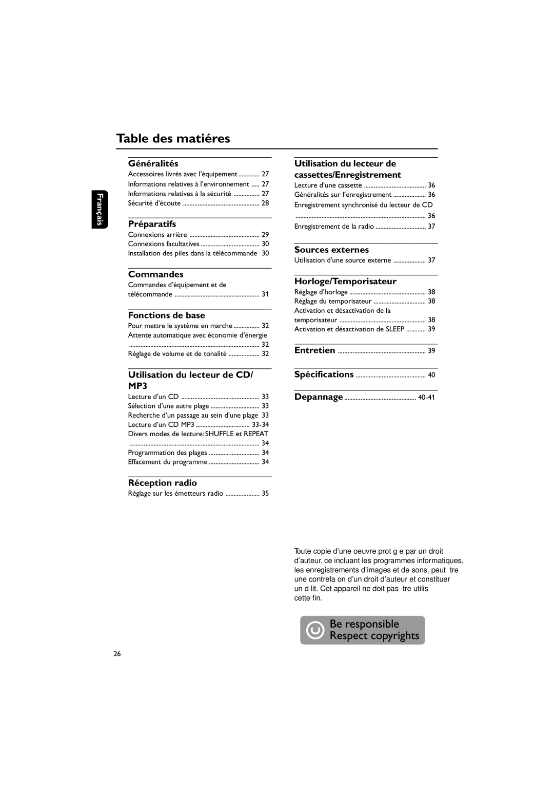 Philips FWM143/37 quick start Table des matiéres 