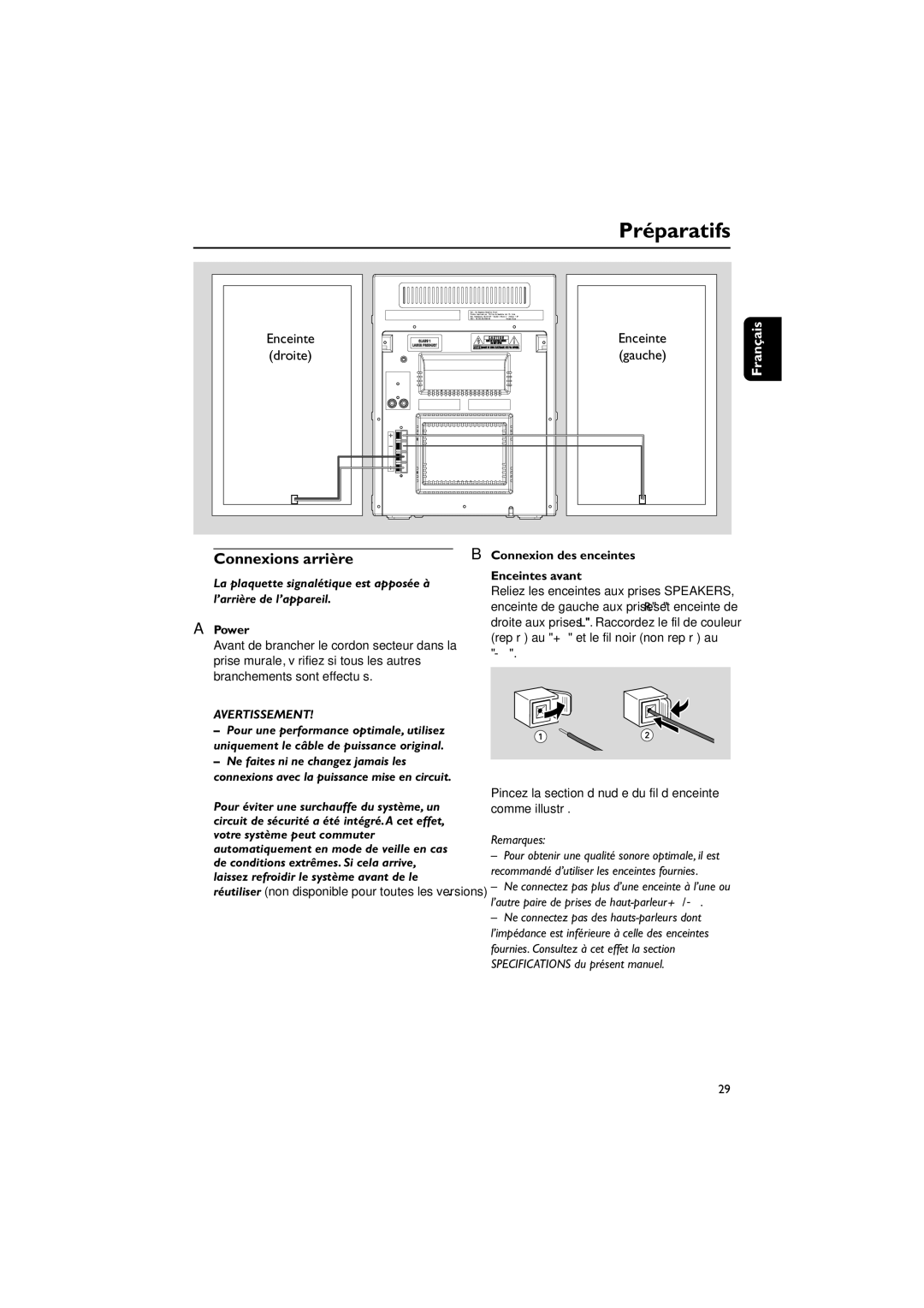 Philips FWM143/37 quick start Préparatifs, Connexions arrière, Power, Connexion des enceintes Enceintes avant 