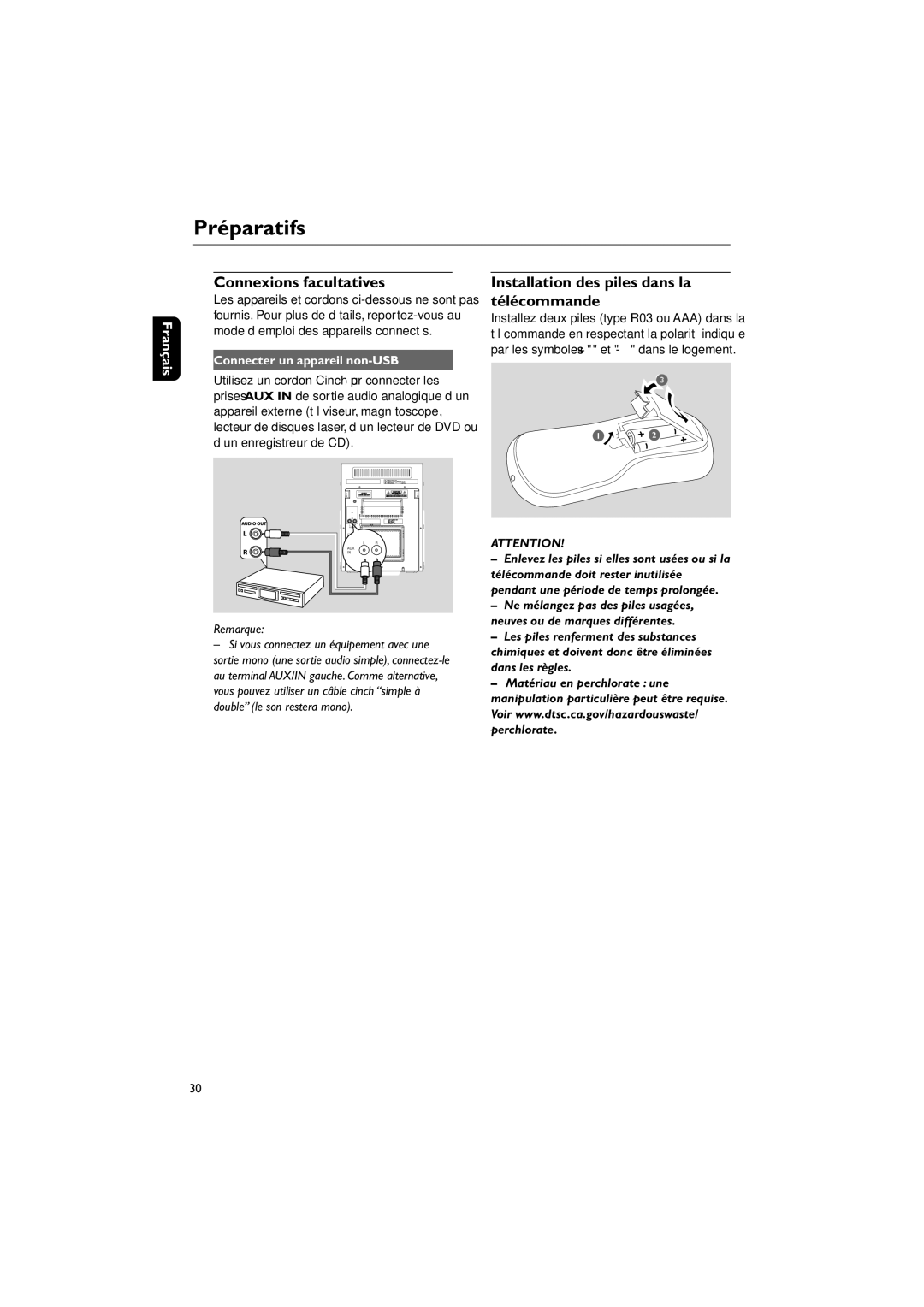 Philips FWM143/37 quick start Connexions facultatives, Installation des piles dans la télécommande 