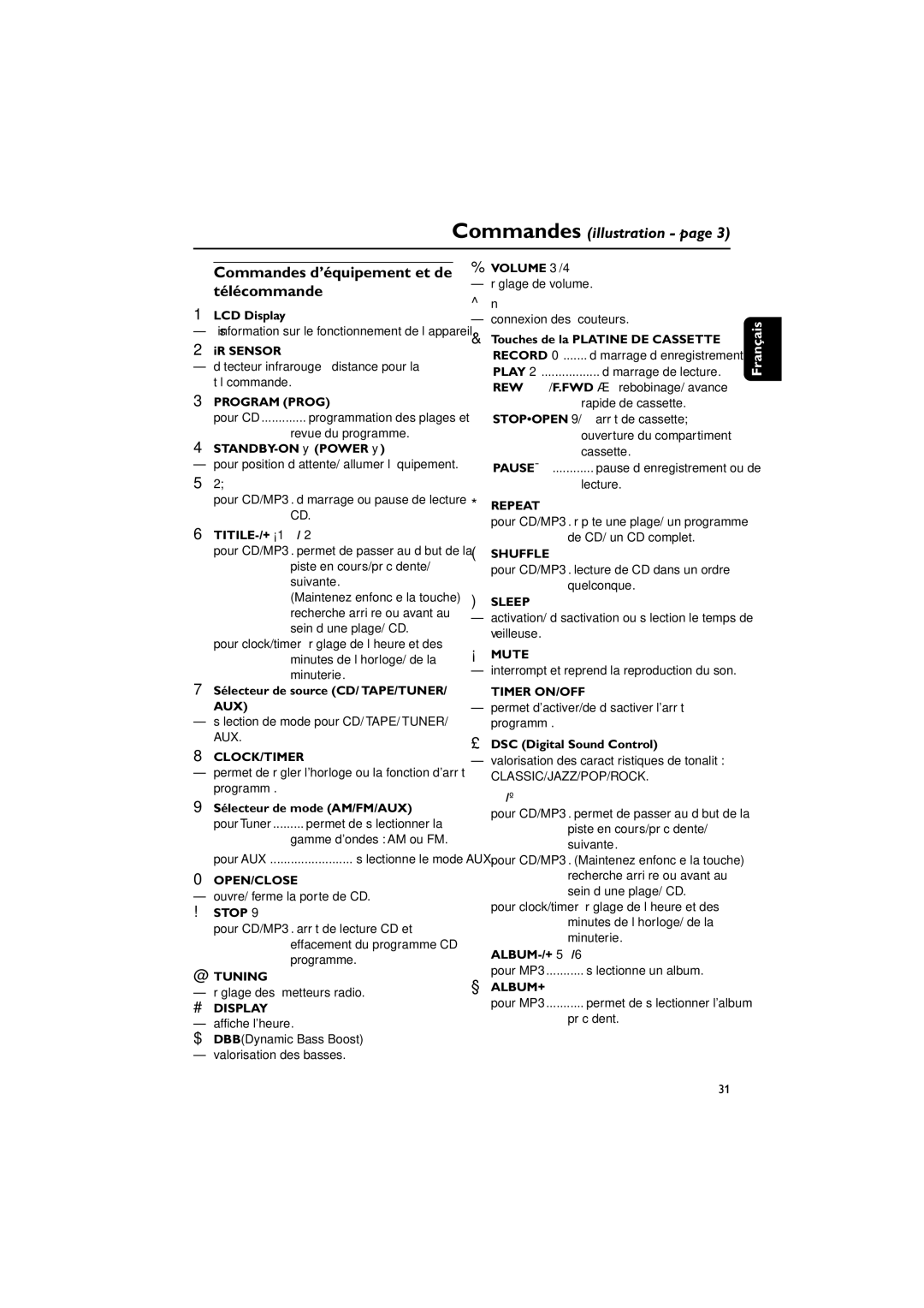 Philips FWM143/37 quick start Commandes d’équipement et de télécommande 