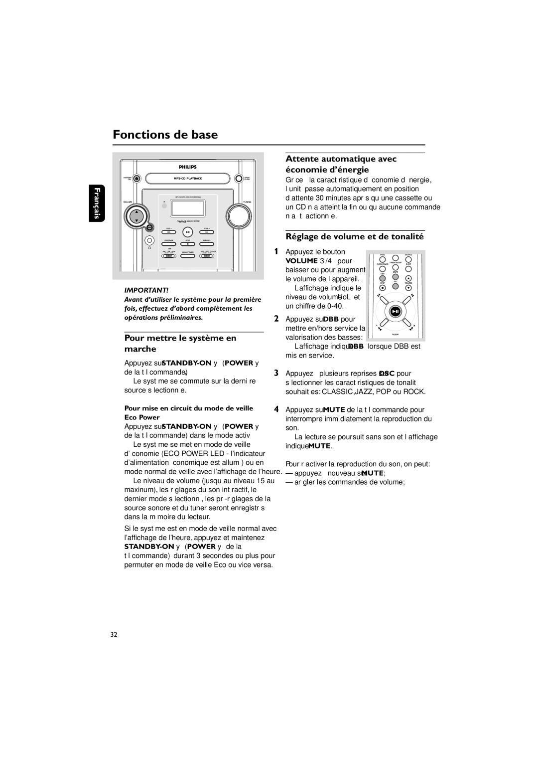 Philips FWM143/37 Fonctions de base, Pour mettre le système en marche, Attente automatique avec économie d’énergie 