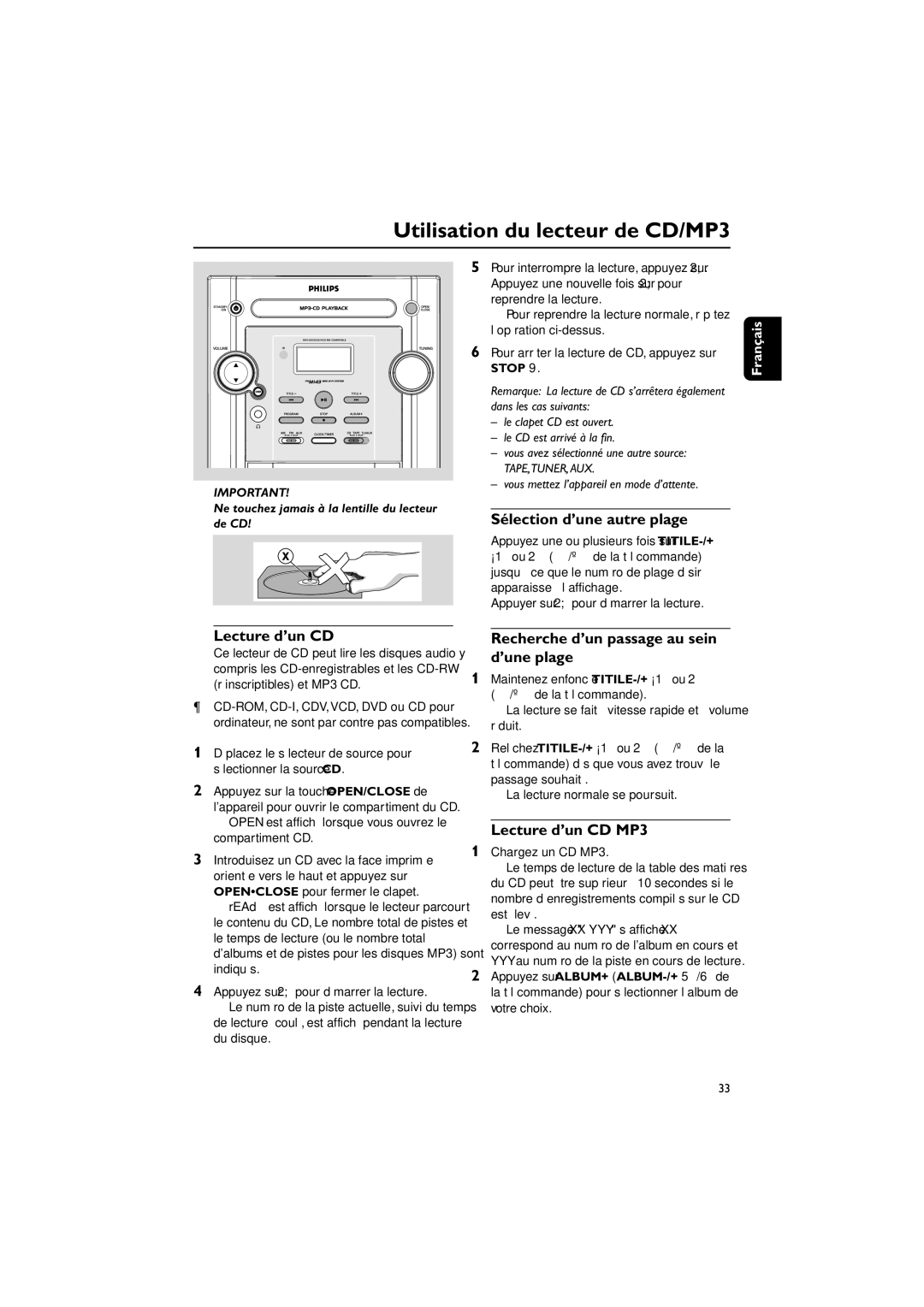 Philips FWM143/37 quick start Utilisation du lecteur de CD/MP3, Sélection d’une autre plage, Lecture d’un CD MP3 