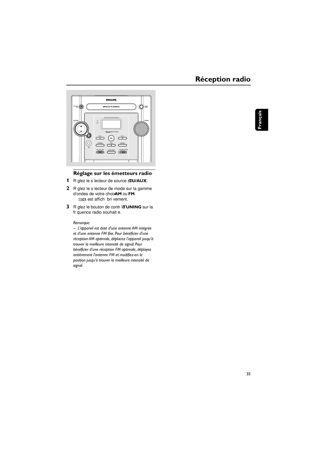 Philips FWM143/37 quick start Réception radio, Réglage sur les émetteurs radio, RŽglez le sŽlecteur de source sur TU/AUX 