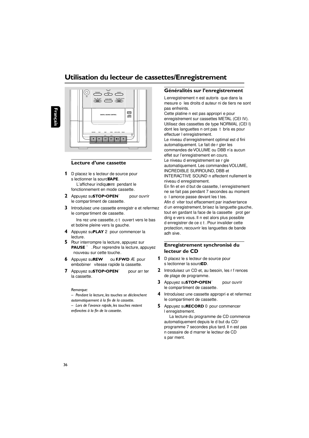 Philips FWM143/37 quick start Utilisation du lecteur de cassettes/Enregistrement, Lecture d’une cassette 