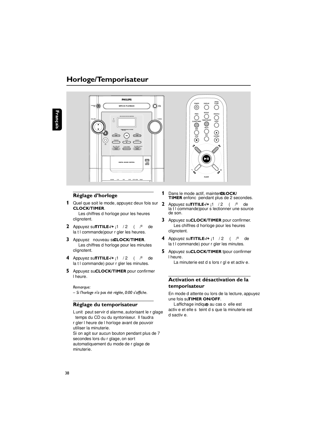 Philips FWM143/37 quick start Horloge/Temporisateur, Réglage d’horloge, Réglage du temporisateur 