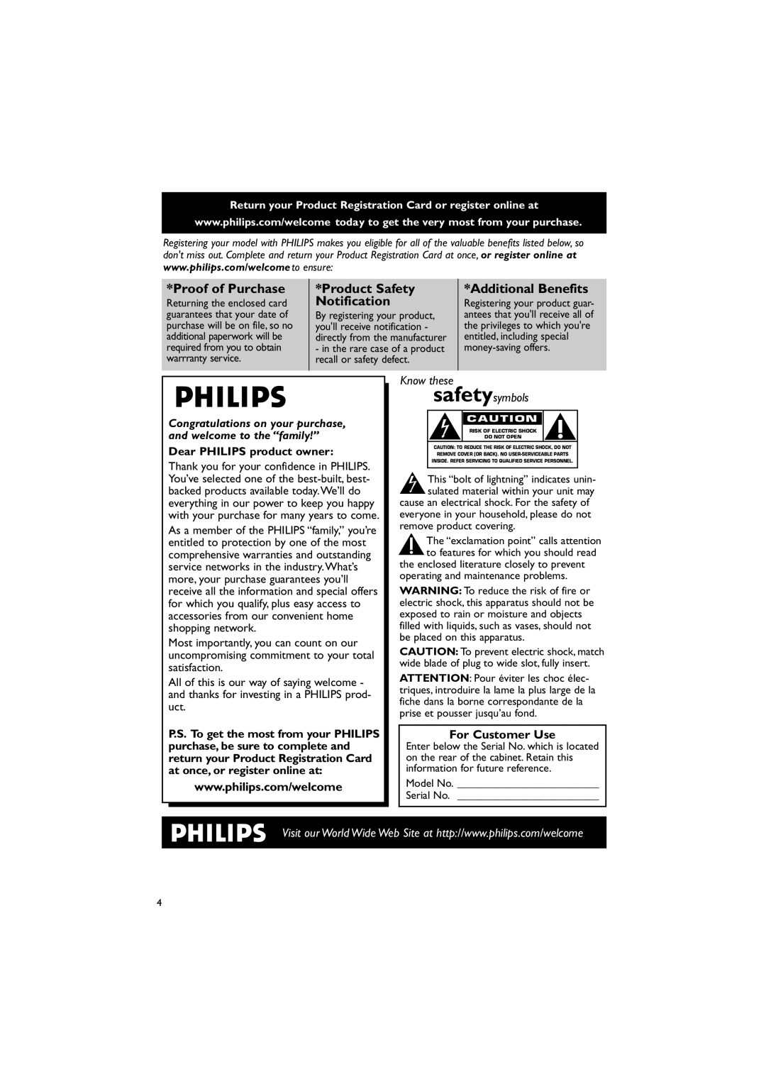 Philips FWM143/37 quick start For Customer Use, Returning the enclosed card, Registering your product guar 