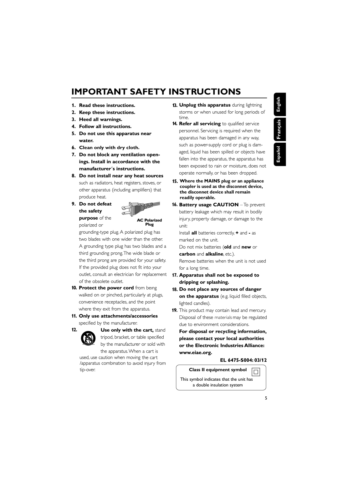 Philips FWM143/37 quick start Clean only with dry cloth, Materials, Class II equipment symbol 