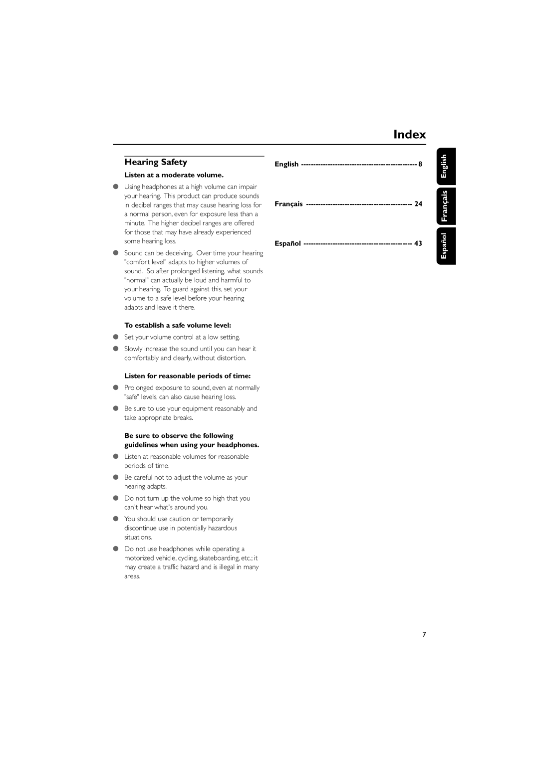 Philips FWM143/37 quick start Index, Hearing Safety, Listen at a moderate volume, To establish a safe volume level 