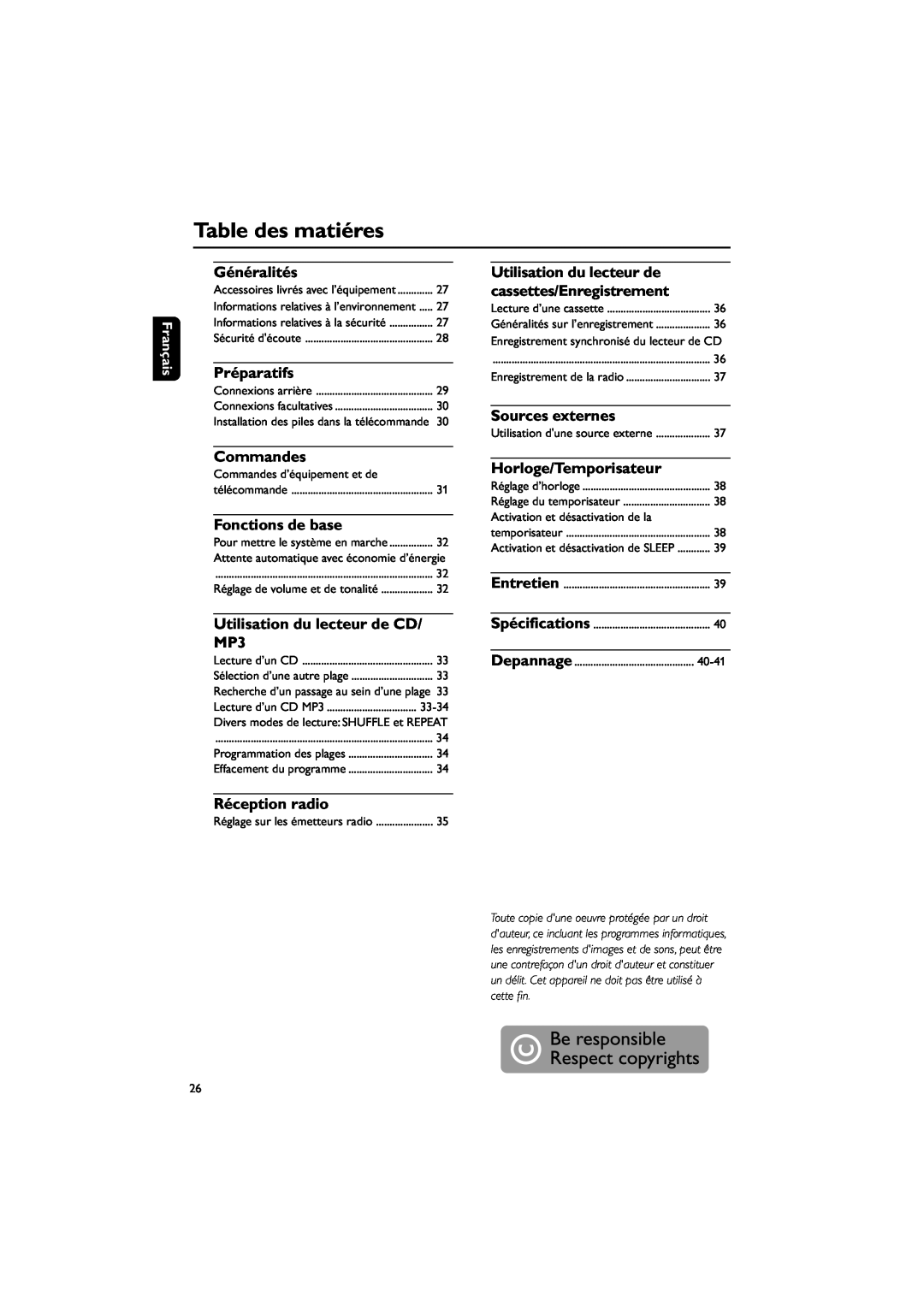 Philips FWM143/37 Table des matiéres, Généralités, Préparatifs, Utilisation du lecteur de, cassettes/Enregistrement 