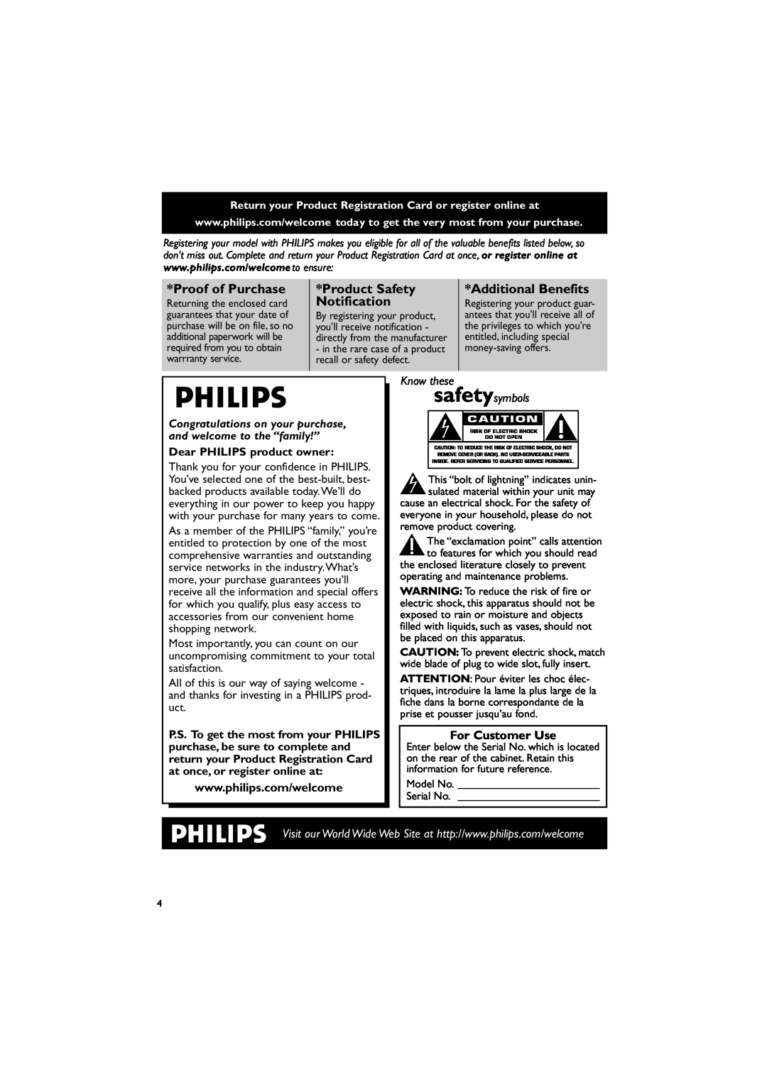 Philips FWM143/37 quick start For Customer Use, Proof of Purchase, Product Safety, Additional Benefits, Notification 