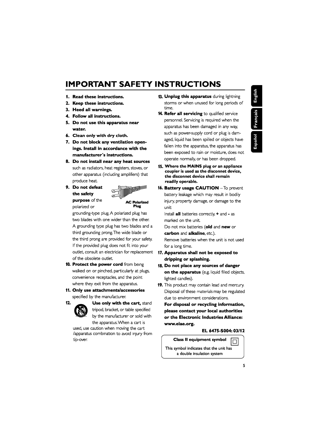 Philips FWM143/37 quick start Important Safety Instructions, rançaisF, Clean only with dry cloth, Class II equipment symbol 