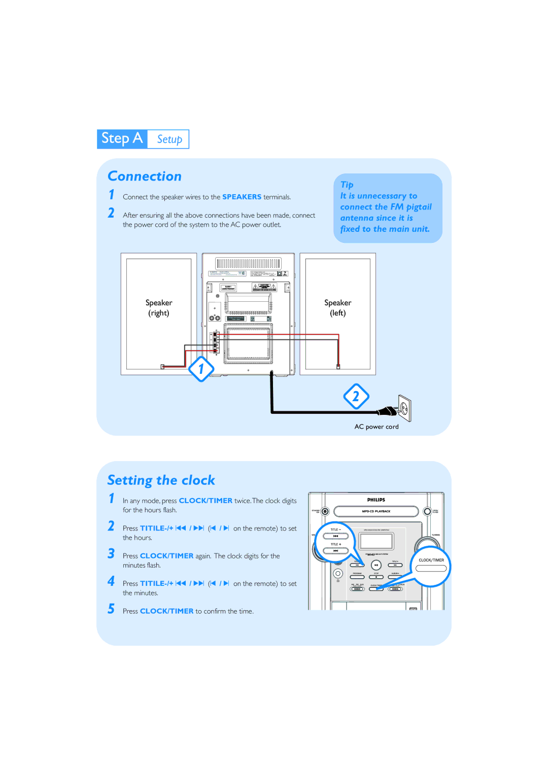 Philips FWM143s Connection, Setting the clock, Tip, Connect the speaker wires to the Speakers terminals, Right Left 