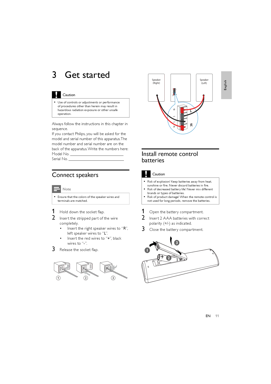 Philips FWM154/05 user manual Get started, Connect speakers, Install remote control batteries 