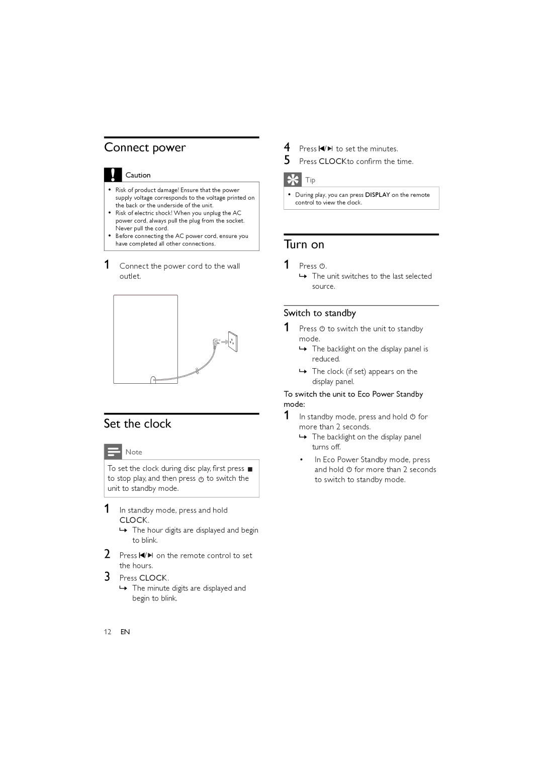 Philips FWM154/05 user manual Connect power, Turn on, Set the clock, Switch to standby 