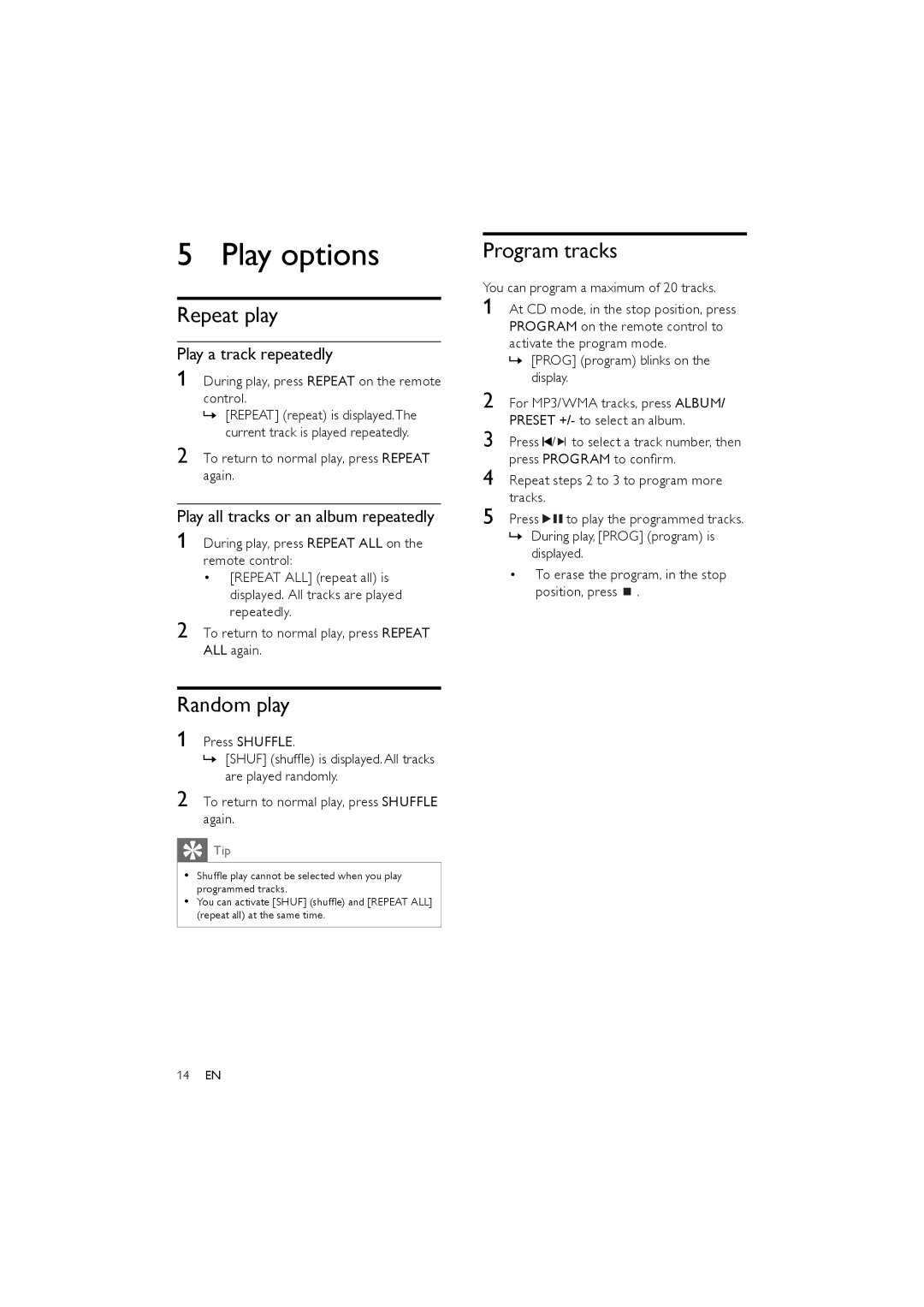 Philips FWM154/05 user manual Play options, Repeat play, Random play, Program tracks 