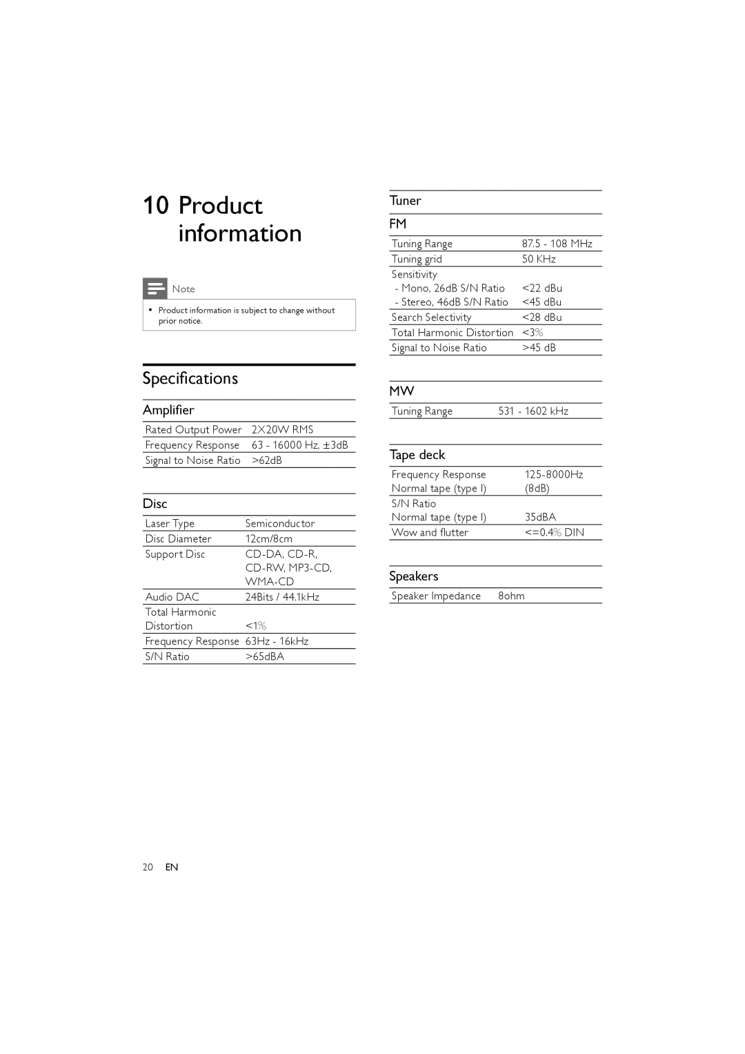 Philips FWM154/05 user manual Product information, Speciﬁcations 