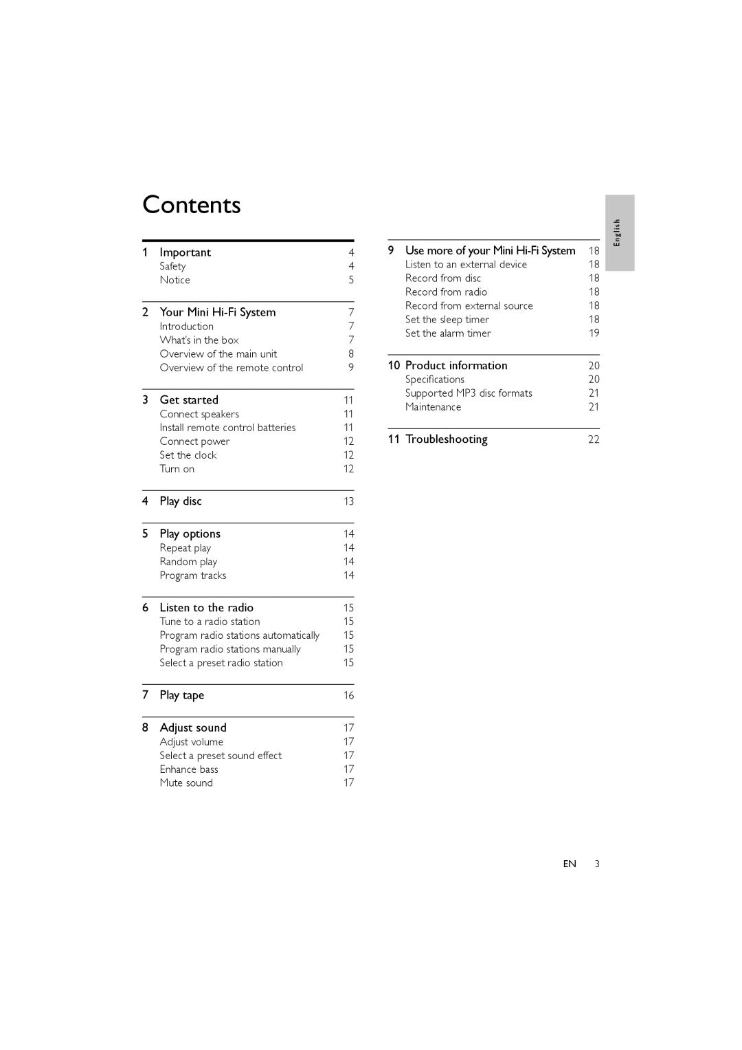 Philips FWM154/05 user manual Contents 