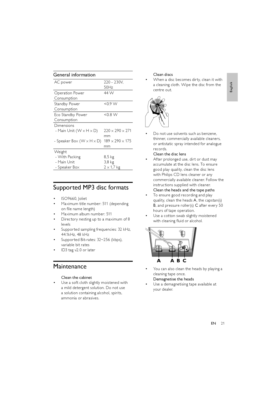 Philips FWM154/05 user manual Supported MP3 disc formats, Maintenance, General information 