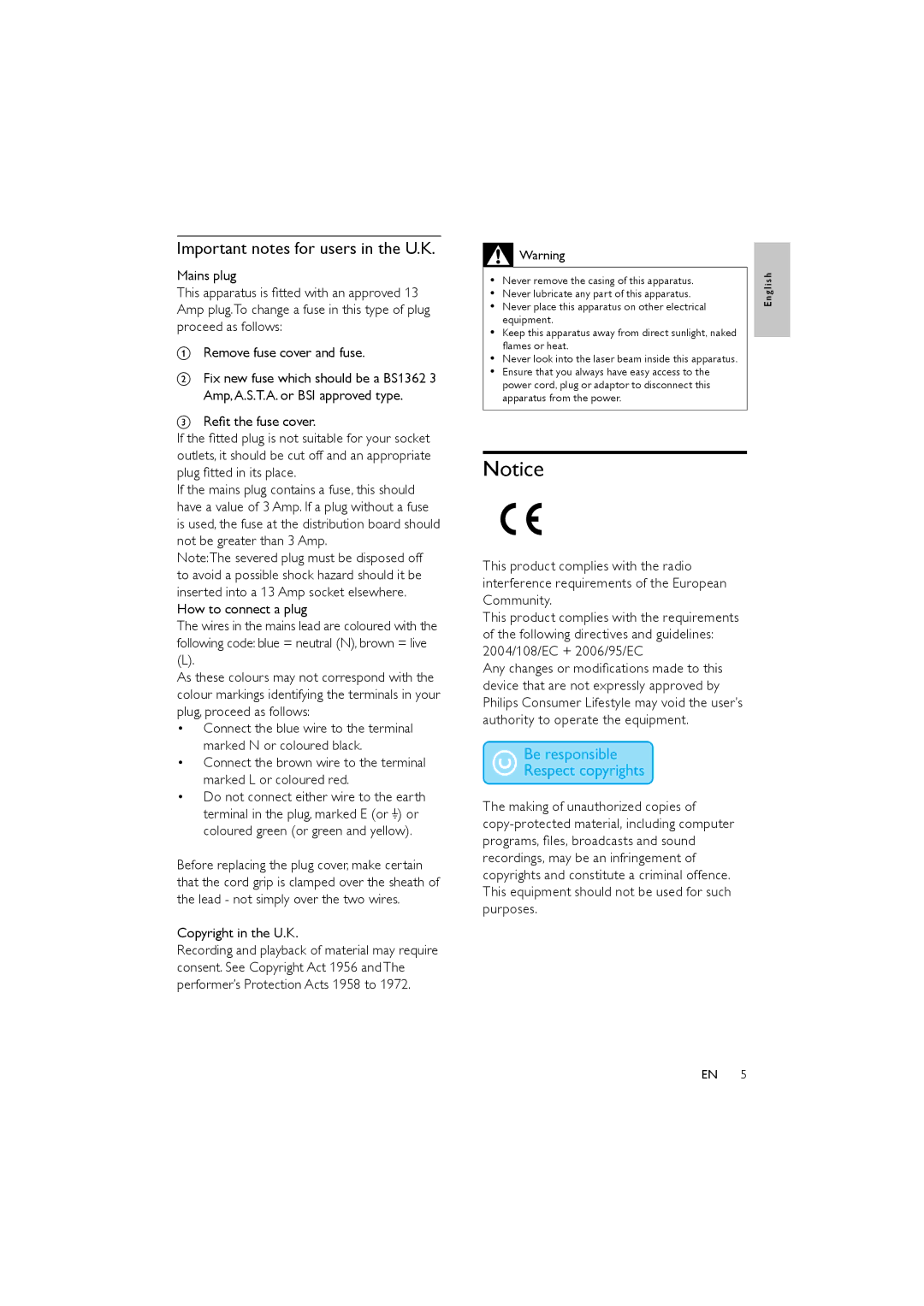 Philips FWM154/05 user manual Important notes for users in the U.K, How to connect a plug, Copyright in the U.K 