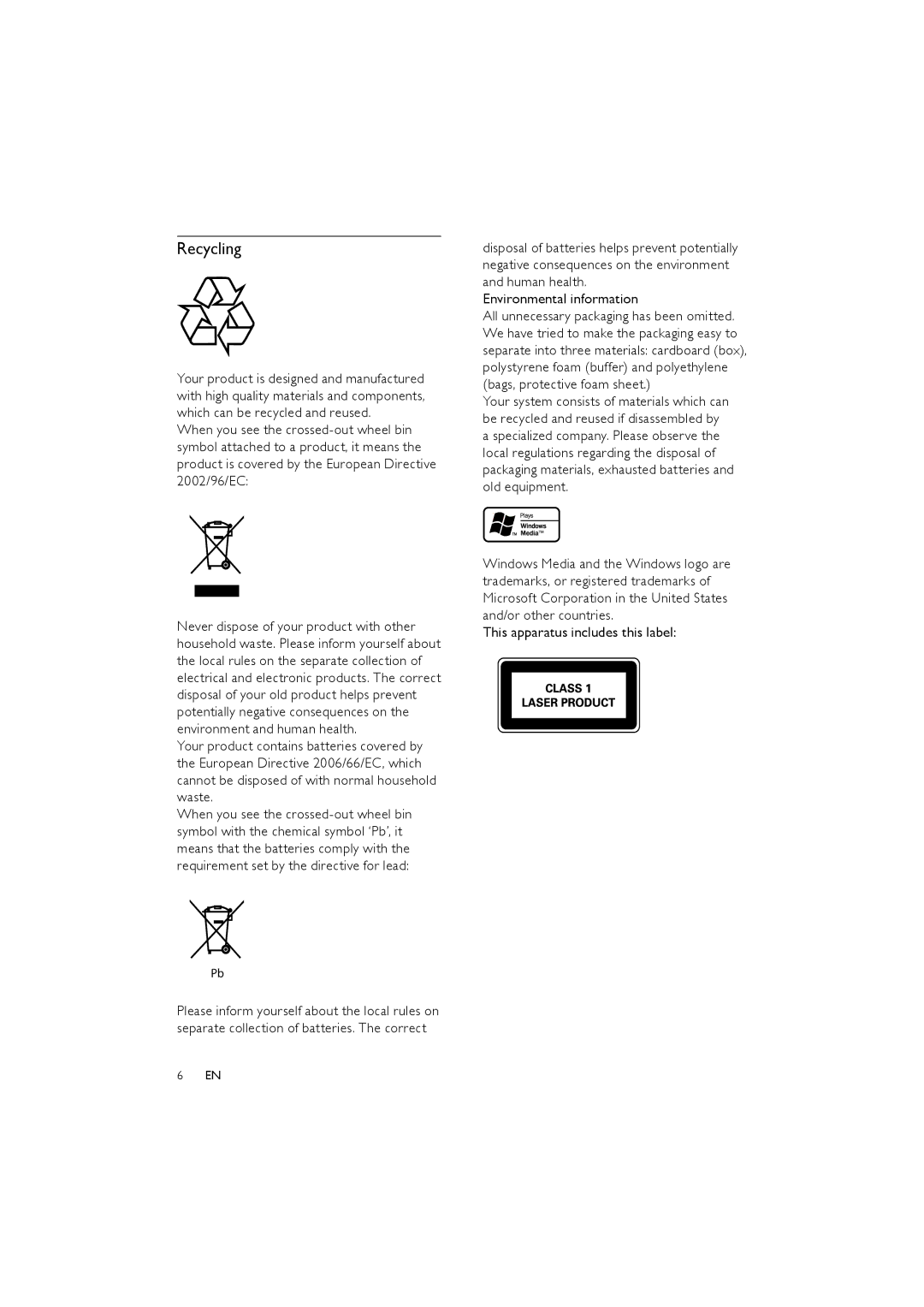 Philips FWM154/05 user manual Recycling, This apparatus includes this label 