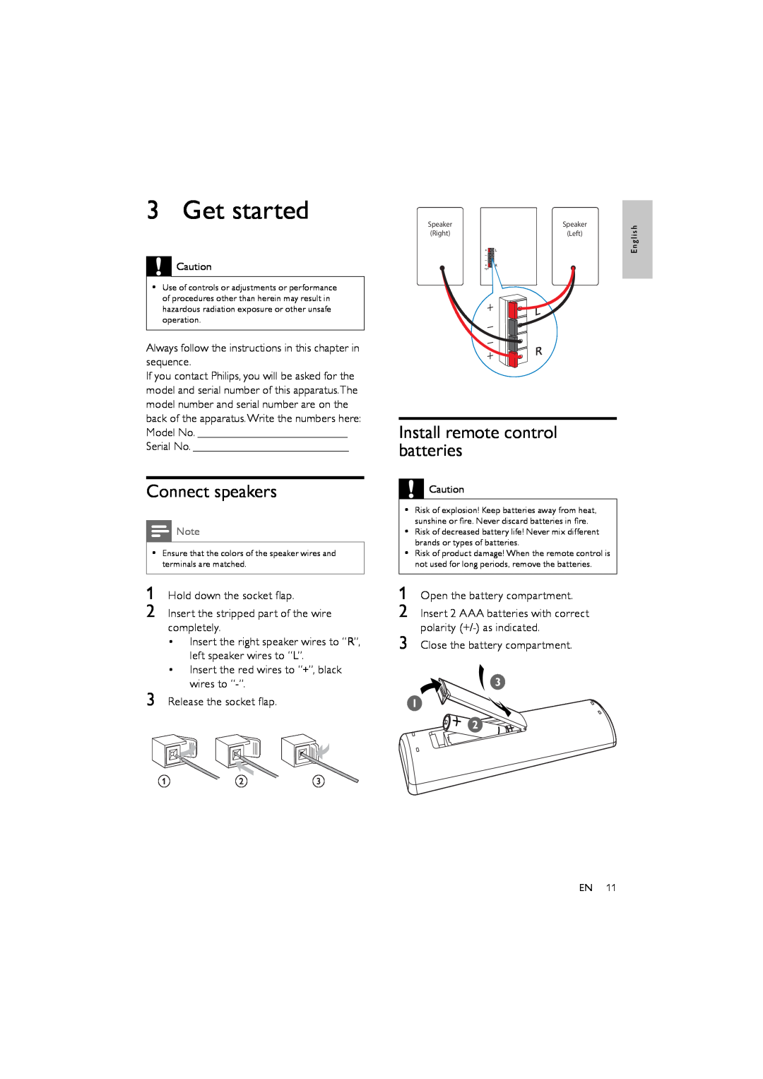 Philips FWM154/05 user manual Get started, Connect speakers, Install remote control batteries 