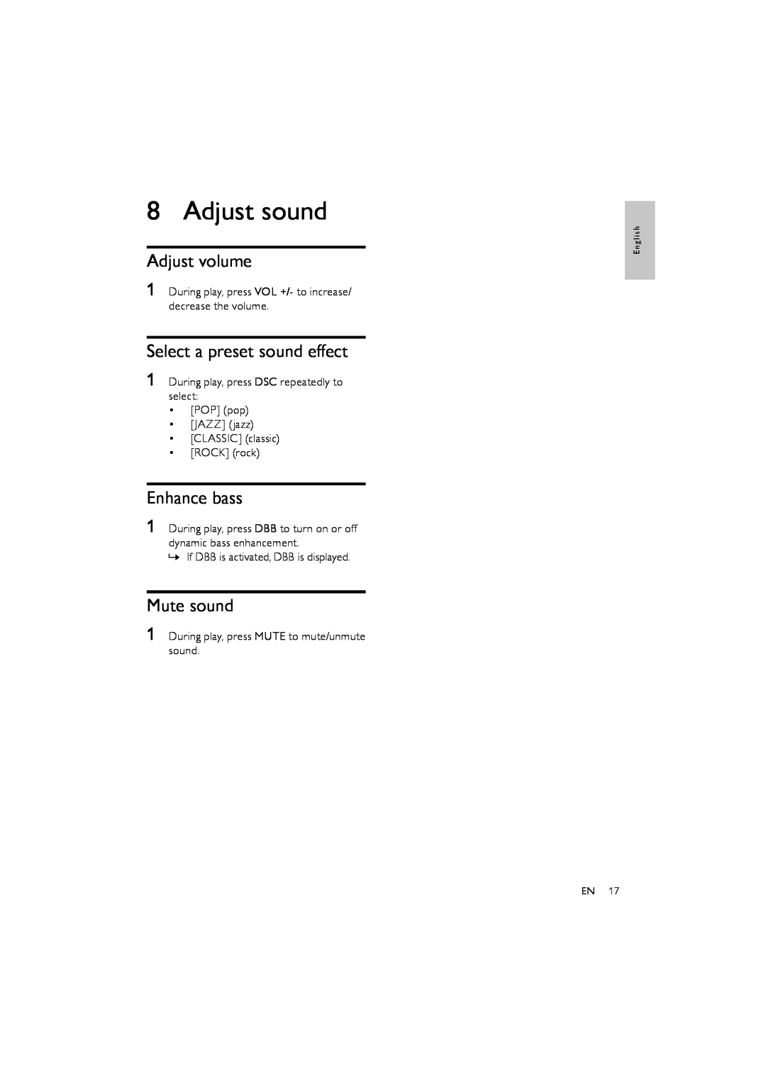 Philips FWM154/05 user manual Adjust sound, Adjust volume, Select a preset sound effect, Enhance bass, Mute sound 