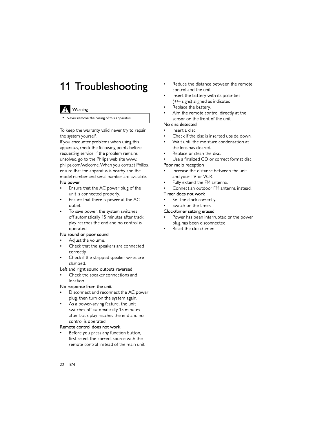 Philips FWM154/05 user manual Troubleshooting 