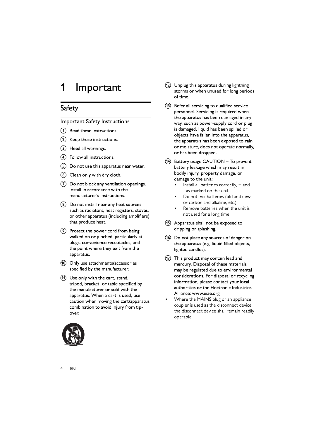 Philips FWM154/05 user manual Important Safety Instructions 