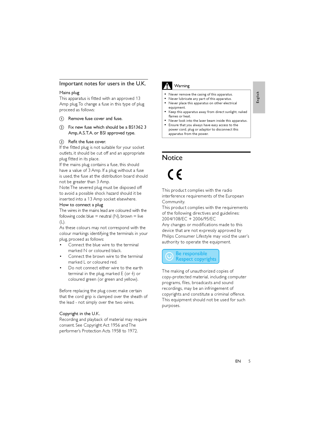 Philips FWM154/05 user manual Important notes for users in the U.K 