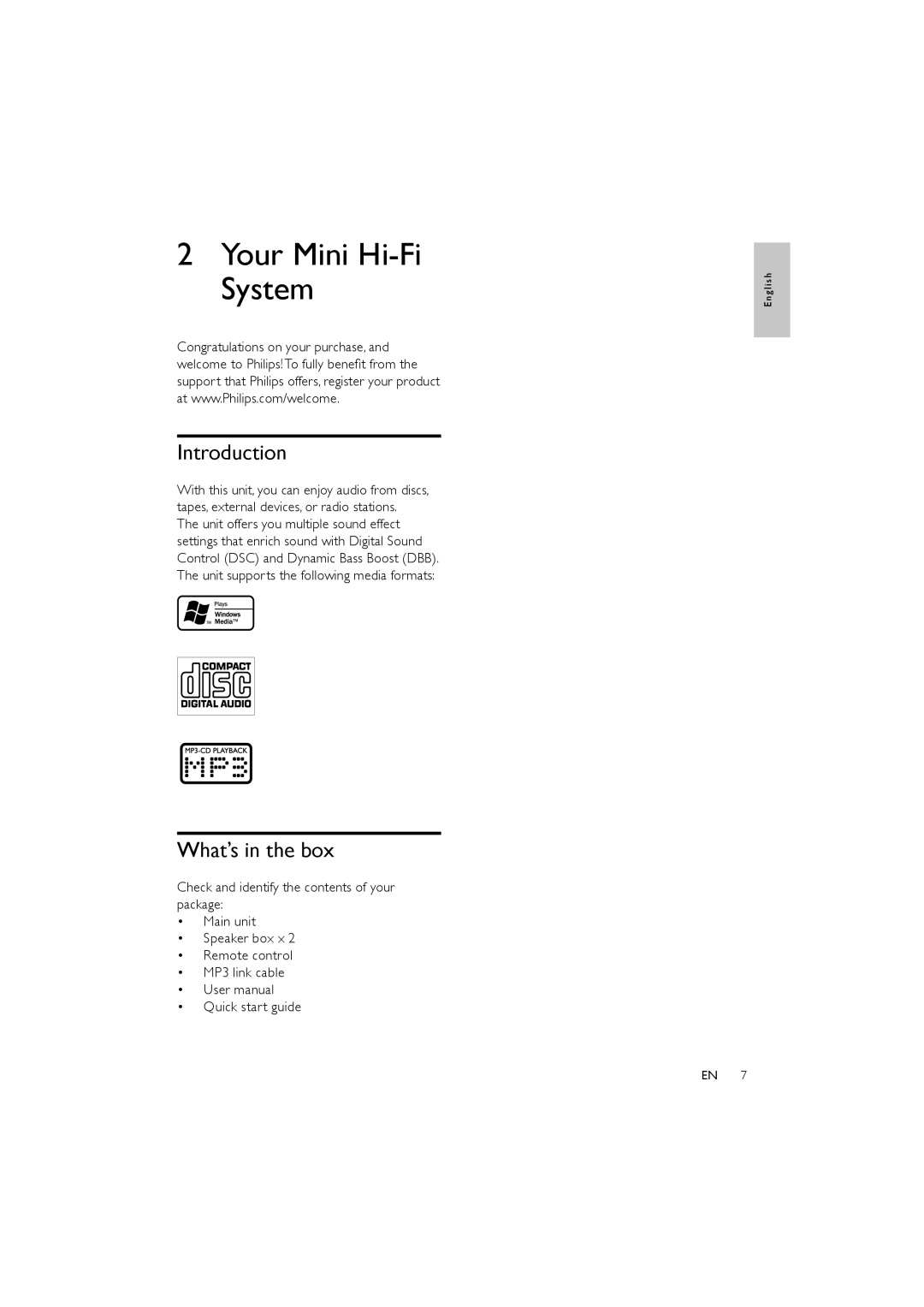 Philips FWM154/05 user manual 2Your Mini Hi-FiSystem, Introduction, What’s in the box 