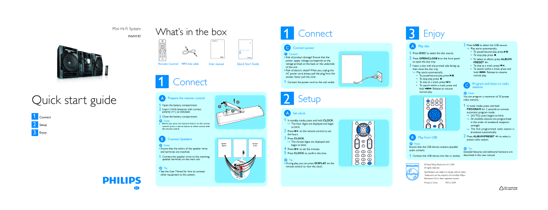 Philips FWM197 quick start Connect Enjoy, Setup 