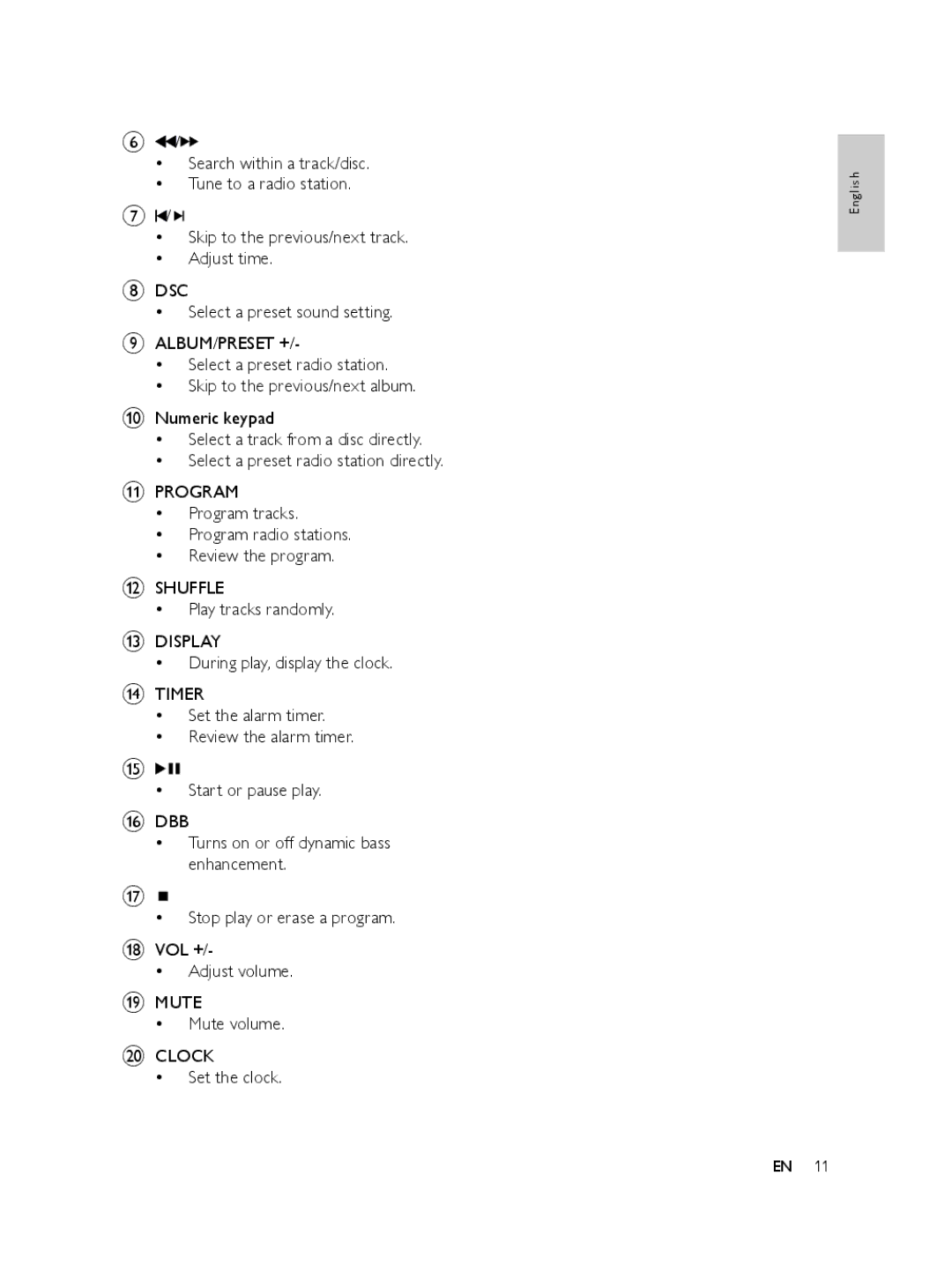 Philips FWM197/05 user manual Program tracks Program radio stations Review the program, Play tracks randomly, Mute volume 