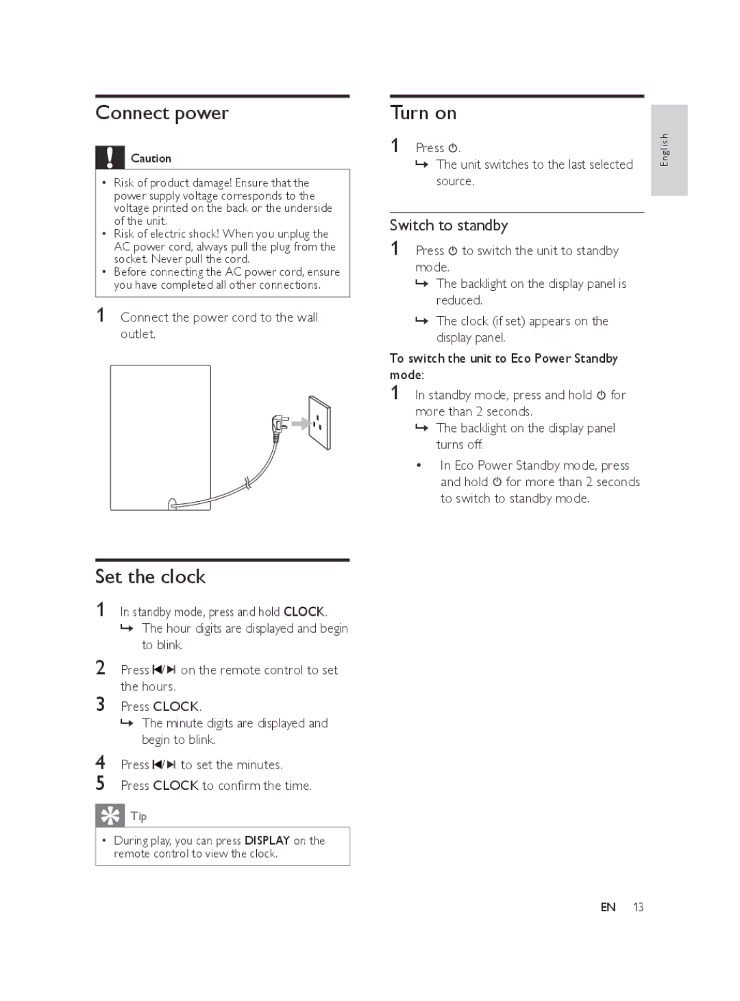 Philips FWM197/05 user manual Connect power, Set the clock, Turn on, Switch to standby 