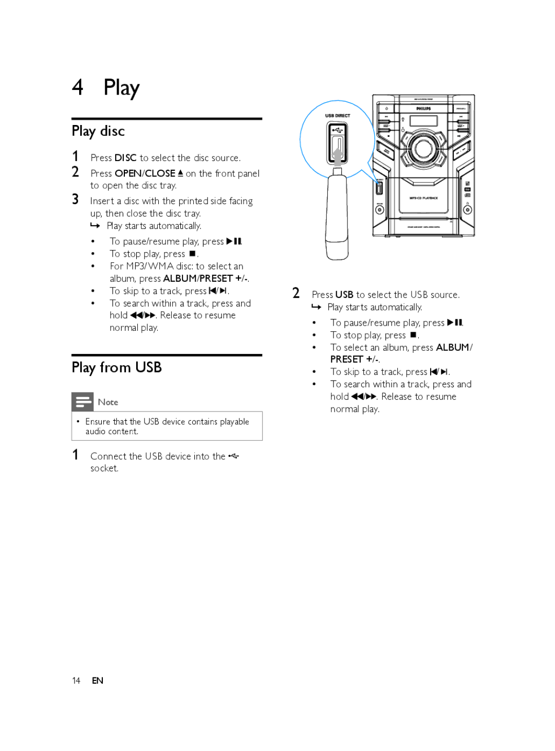 Philips FWM197/05 user manual Play disc, Play from USB, Connect the USB device into the socket 