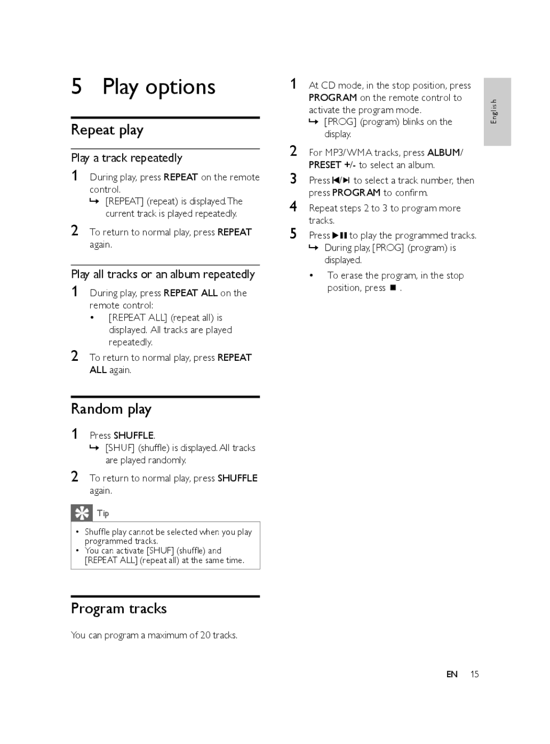 Philips FWM197/05 user manual Play options, Repeat play, Random play, Program tracks 